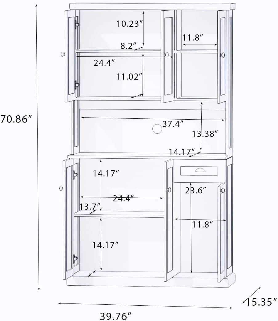 RASOO Buffet Hutch Cabinet Kitchen Sideboard Pantry Cabinet Wood Kitchenware Server Kitchen Storage Microwave Cabinet with 3 Doors Upstairs and 3 Doors downstairs and 1 Drawer， White