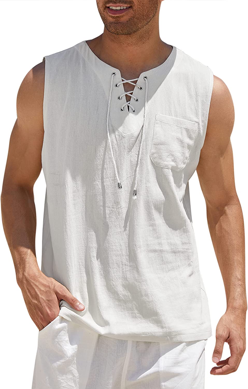 COOFANDY Men's Cotton Linen Tank Top Shirts Casual Sleeveless Lace Up Beach Hippie Tops Bohemian Renaissance Pirate Tunic